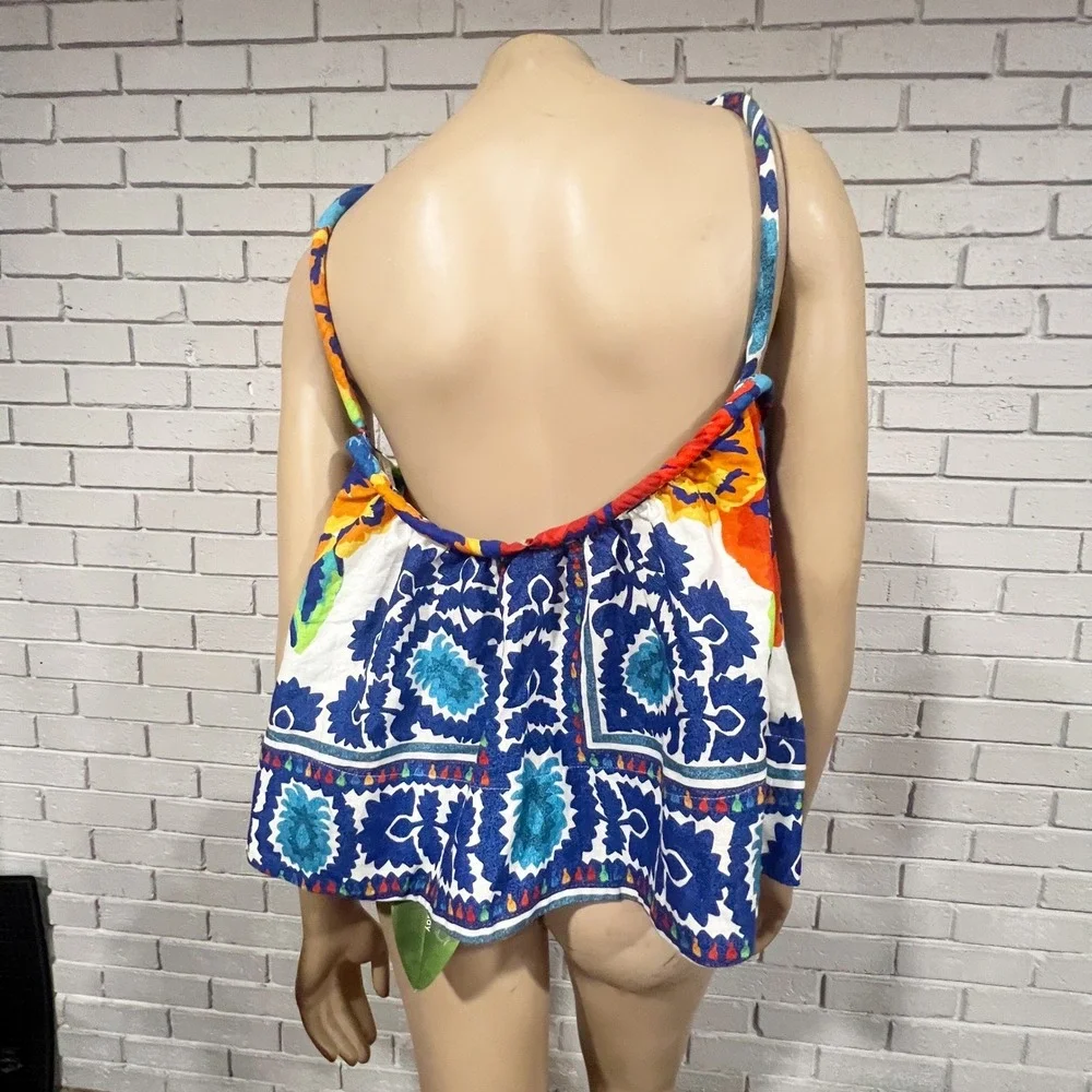 Farm Rio Tapestry Blue Red Mixed Floral Tile Print Halter Top Open Back | M - Picture 8 of 11